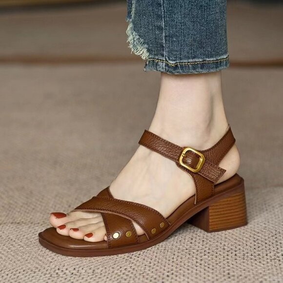 Summer new retro French thick-heeled sandals, women's exposed toe soft leather m - Picture 2 of 8